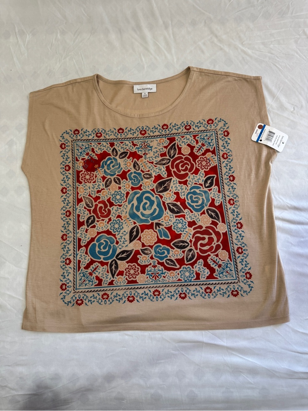 breckenridge Tan Tee with Red and Blue Floral Square Print